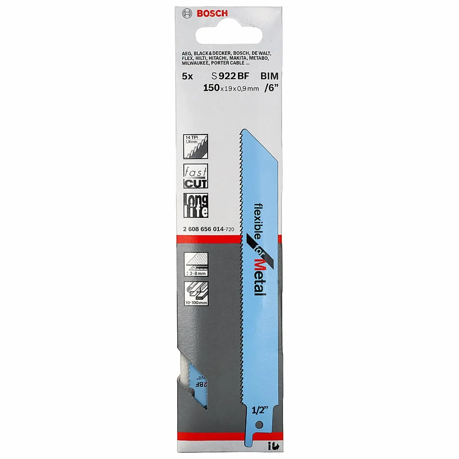 Bosch Recipro Blades Bi-Metal 5 Pack 150mm 6" S922BF Reciprocating Saw Metal Cutting White Rose Tools