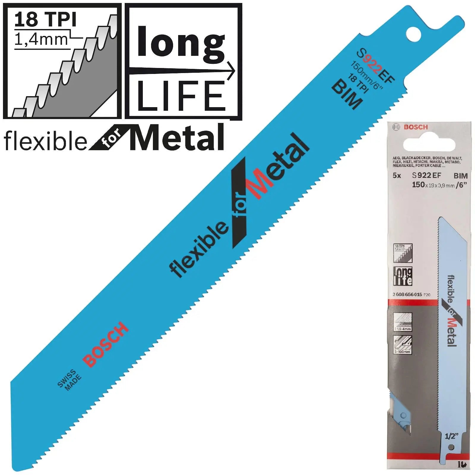 Bosch Reciprocating Saw Blades 150mm 6" 5 Pack S922EF Bi-Metal Recipro Blade for Metal White Rose Tools