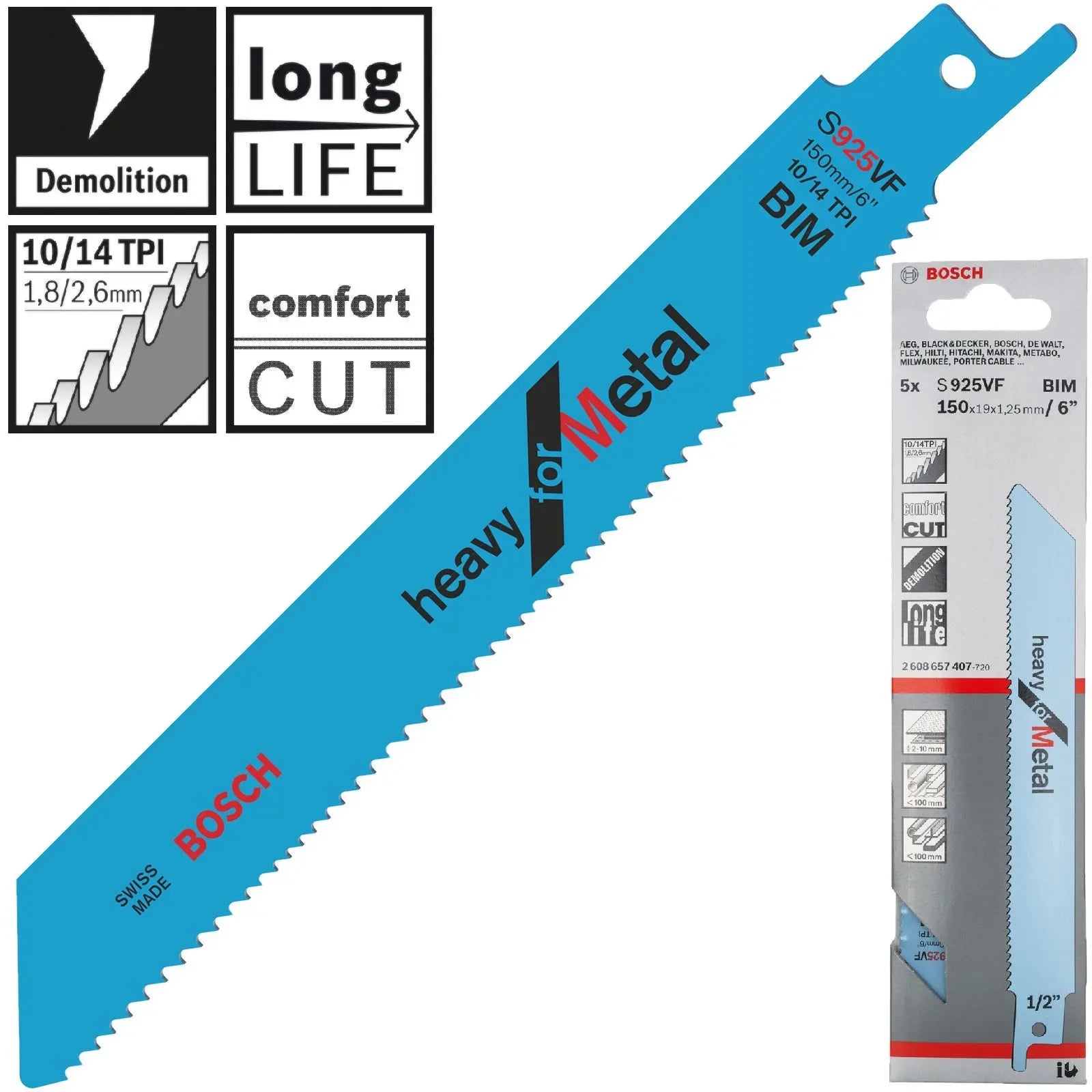 Bosch Reciprocating Saw Blades 150mm 6" 5 Pack S925VF Bi-Metal Recipro Blade Heavy for Metal White Rose Tools