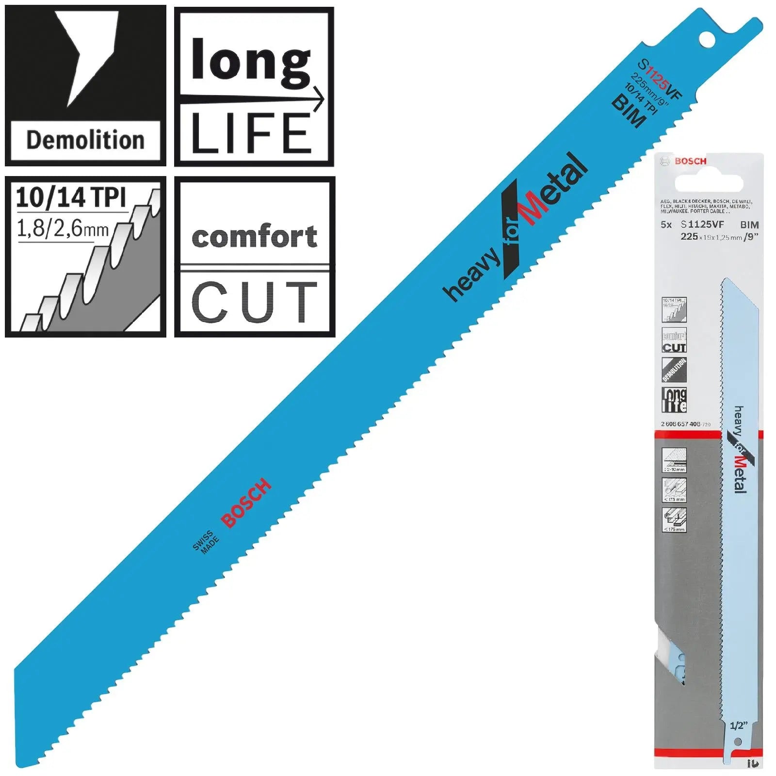 Bosch Reciprocating Saw Blades 225mm 9" 5 Pack S1125VF Bi-Metal Recipro Blade Heavy for Metal White Rose Tools