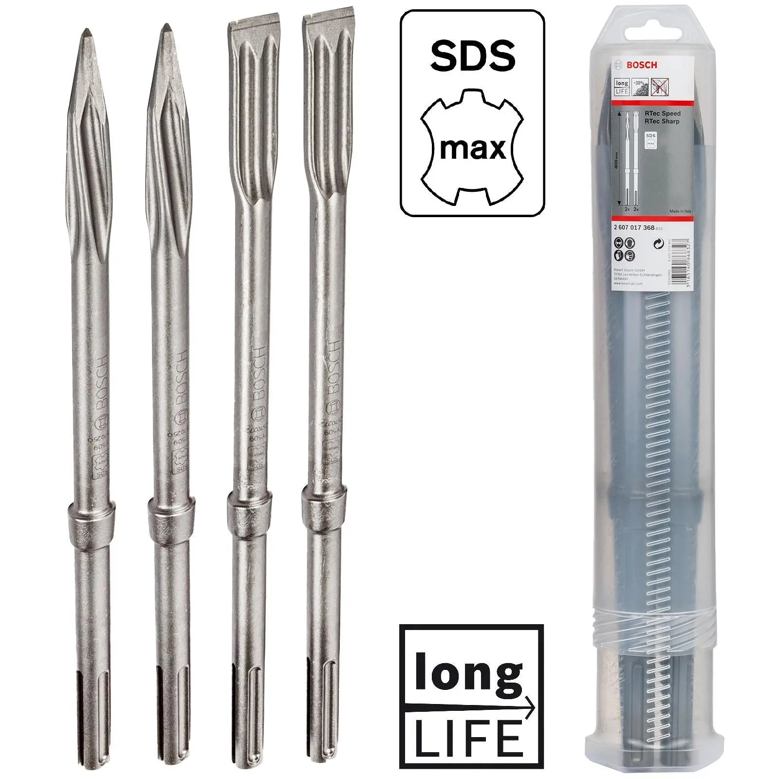Bosch SDS Max Chisel Set 4 Pieces 400mm Long Pointed 25mm Flat  White Rose Tools