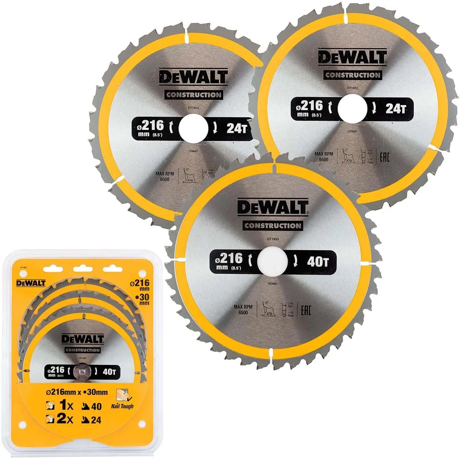 DeWalt Circular Saw Blade Set Construction Wood Nails 216mm 3 Pack 24T 40T DT1962 White Rose Tools