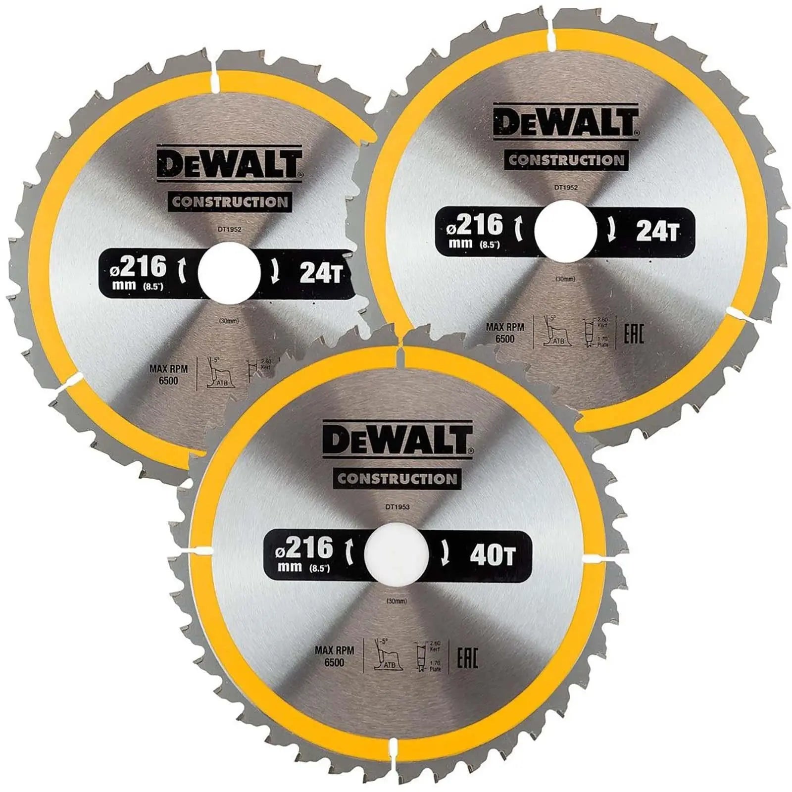 DeWalt Circular Saw Blade Set Construction Wood Nails 216mm 3 Pack 24T 40T DT1962 White Rose Tools