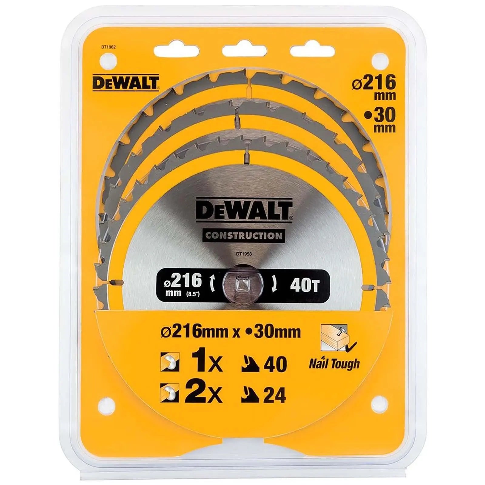 DeWalt Circular Saw Blade Set Construction Wood Nails 216mm 3 Pack 24T 40T DT1962 White Rose Tools