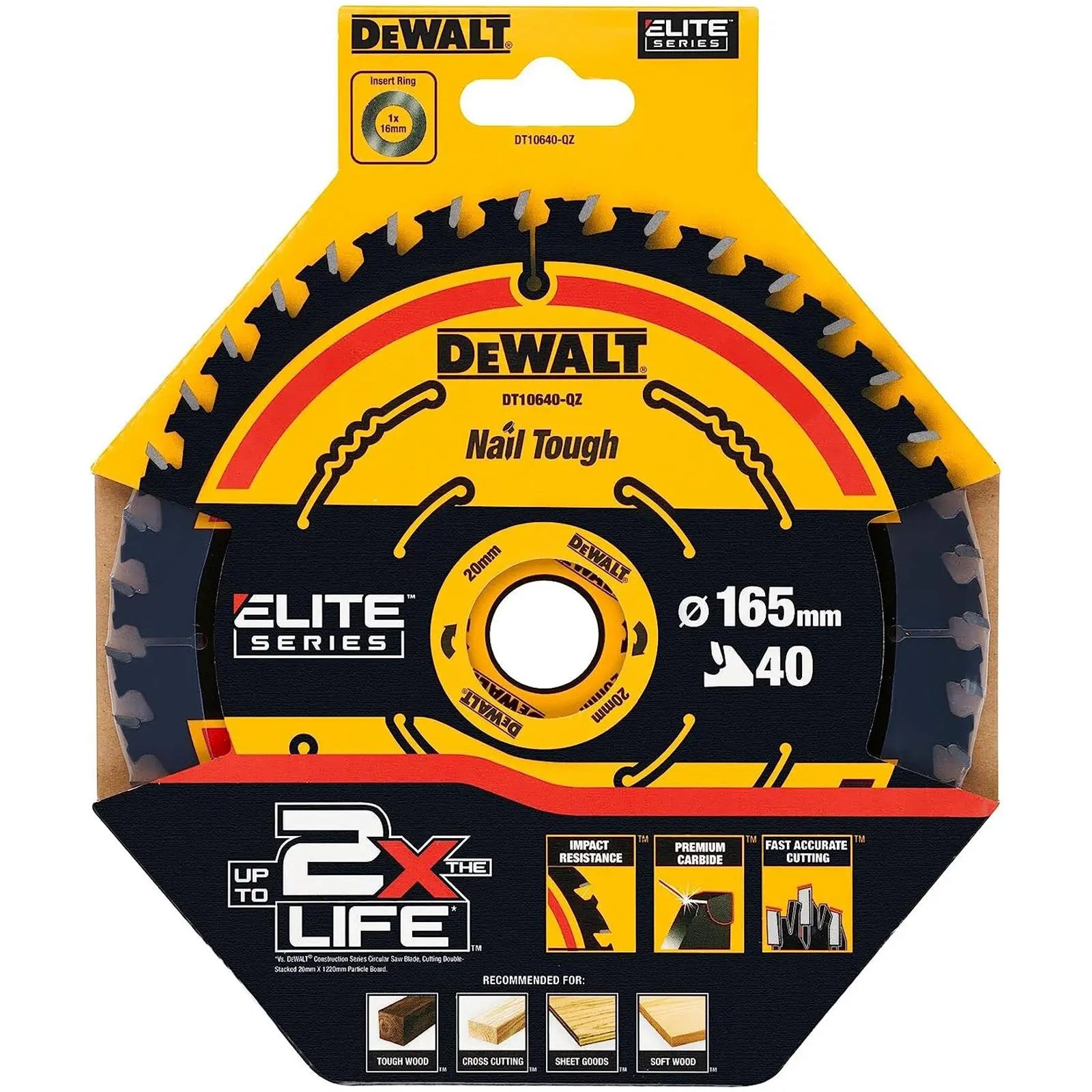 DeWalt Elite Circular Saw Blade 165mm x 20mm 40T Wood Cutting Framing DT10640 White Rose Tools