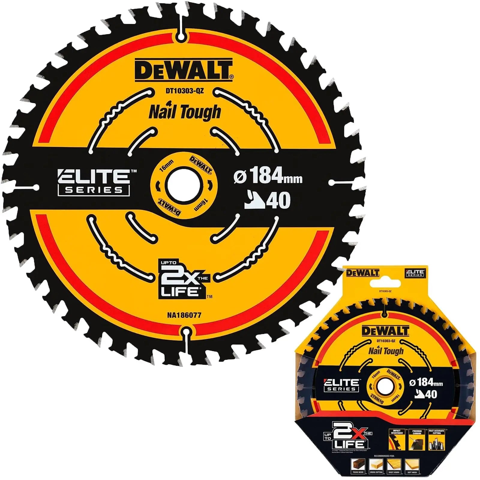 DeWalt Elite Circular Saw Blade 184mm x 16mm 40T Wood Cutting Framing DT10303 White Rose Tools