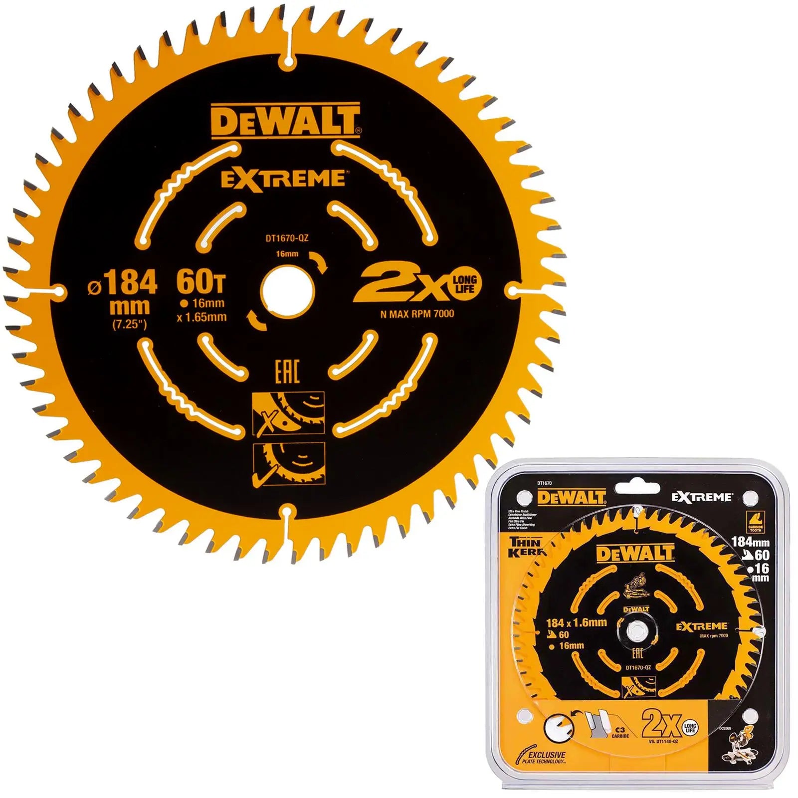 DeWalt Extreme Circular Saw Blade 184mm x 16mm 60T Wood Cutting Framing DT1670 White Rose Tools