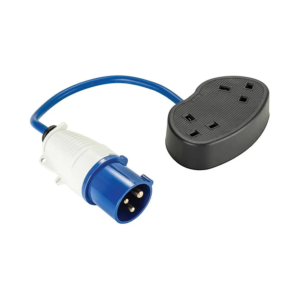 Defender 230V Fly Lead Converter 16A Plug to 2 Gang 13A Socket Caravan Generator