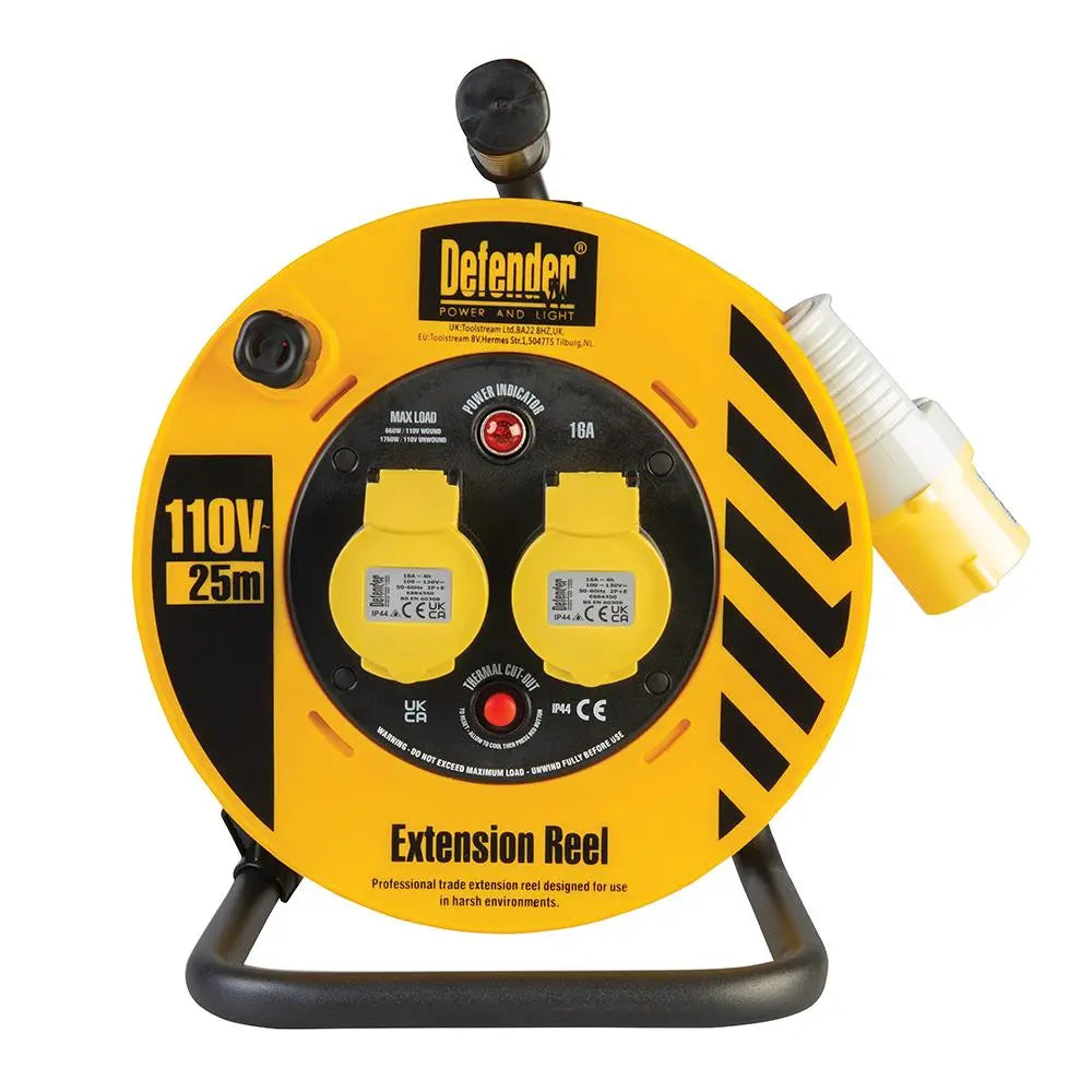 Defender Heavy Duty Industrial Cable Reel 25m 110V E86455 White Rose Tools