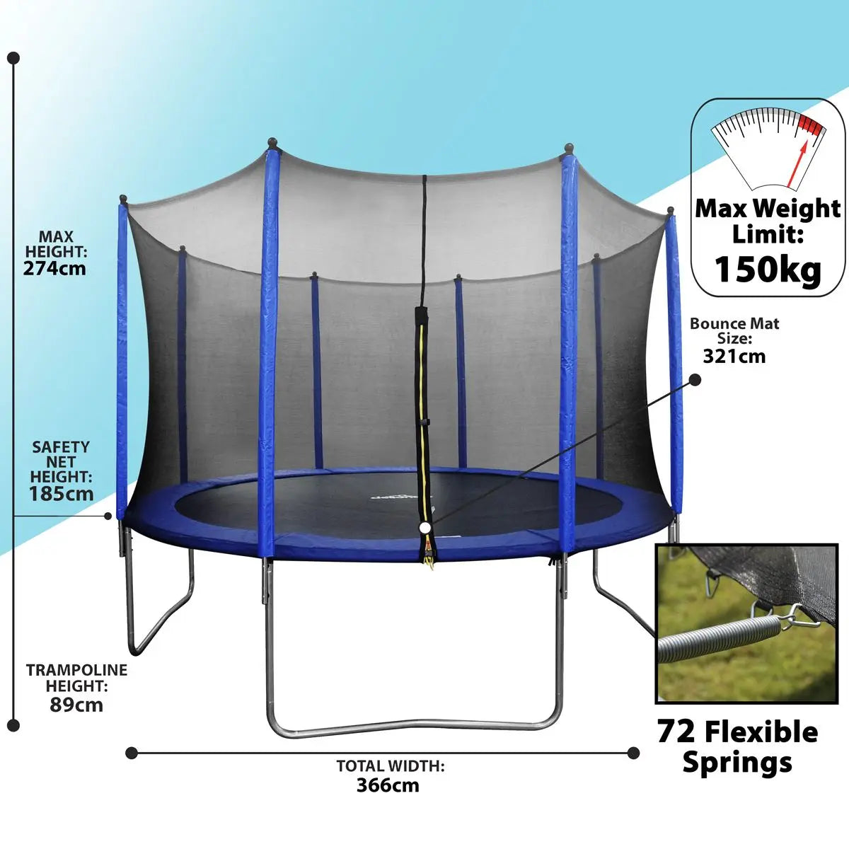 Dellonda 12ft Heavy-Duty Outdoor Trampoline with Safety Enclosure Net  White Rose Tools