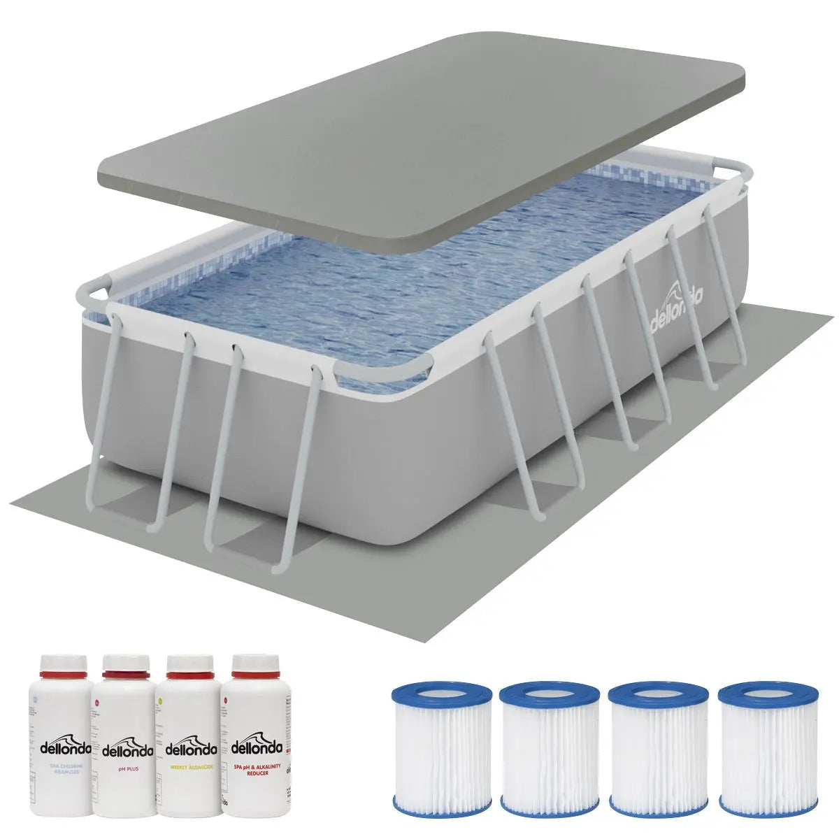 Dellonda 13ft Deluxe Steel Frame Swimming Pool Rectangular with Accessories White Rose Tools