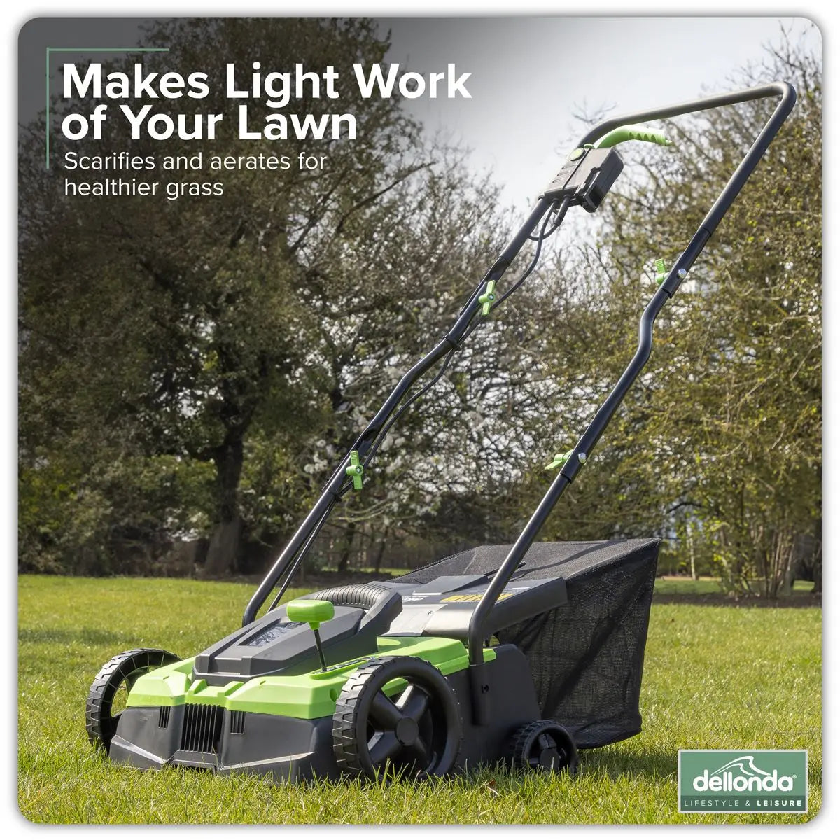 Dellonda 1500W Electric 2-in-1 Scarifier with 5-Heights, 36cm Cutting Diameter, 45L Grass Collection Bag, 10m Mains Cable, Hand Push  White Rose Tools