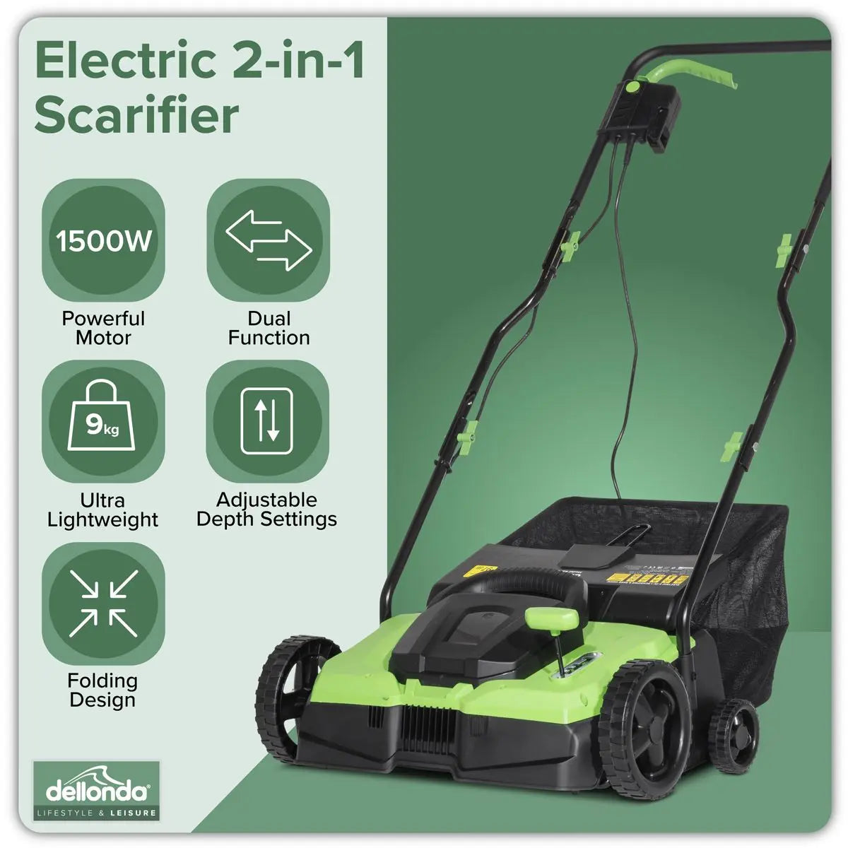 Dellonda 1500W Electric 2-in-1 Scarifier with 5-Heights, 36cm Cutting Diameter, 45L Grass Collection Bag, 10m Mains Cable, Hand Push  White Rose Tools