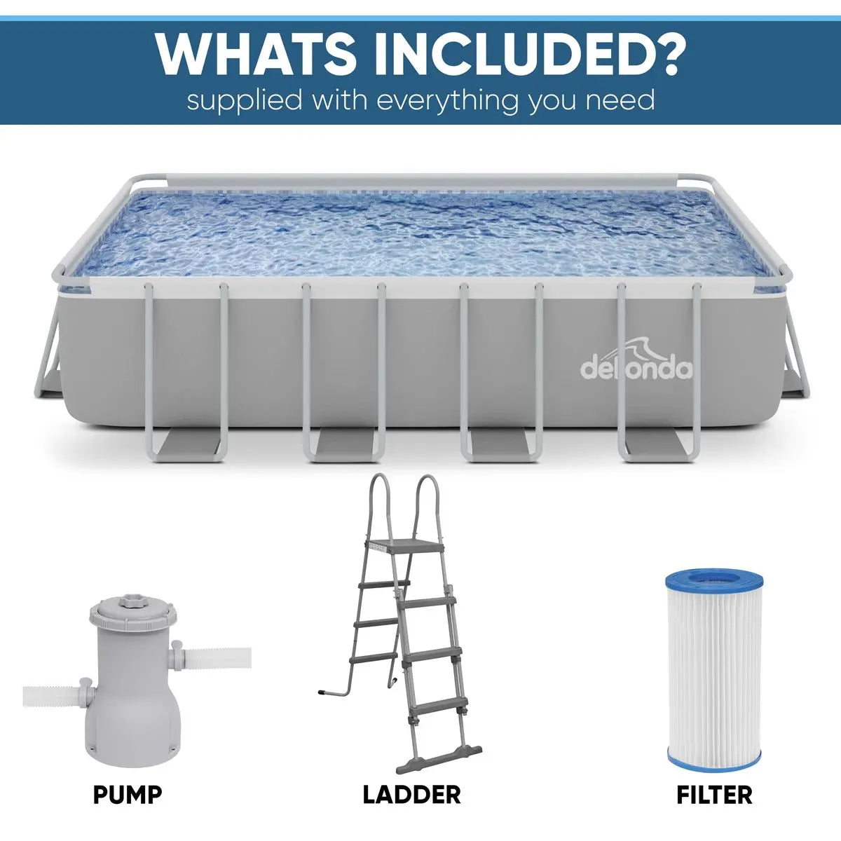Dellonda 18ft Deluxe Steel Frame Swimming Pool, Rectangular with Filter Pump  White Rose Tools