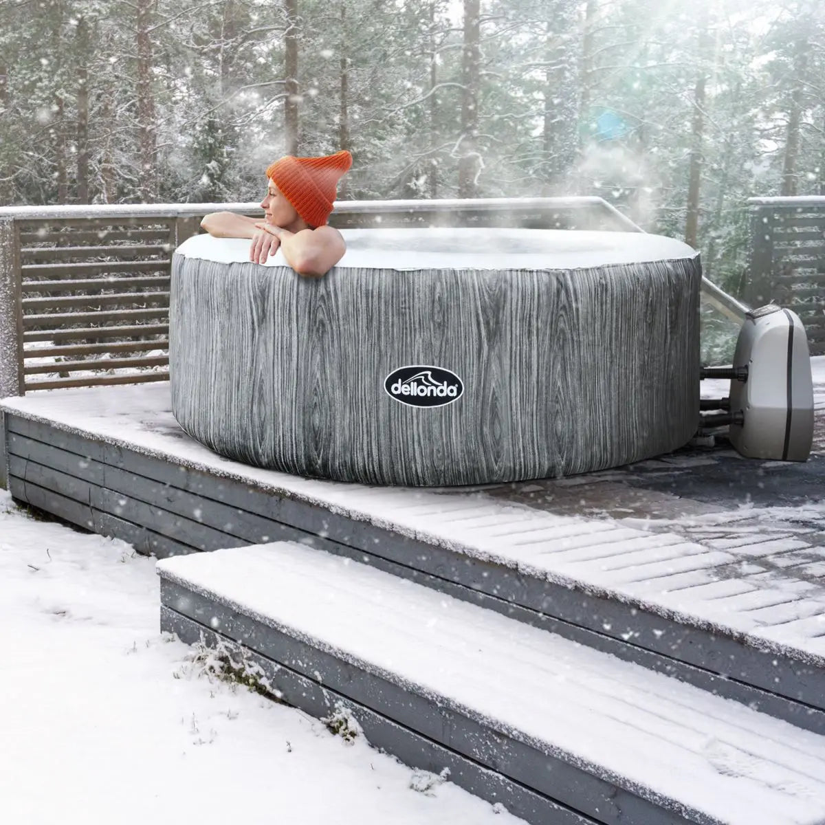 Dellonda 2-4 Person Inflatable Hot Tub Spa with Smart Pump - Wood Effect  White Rose Tools