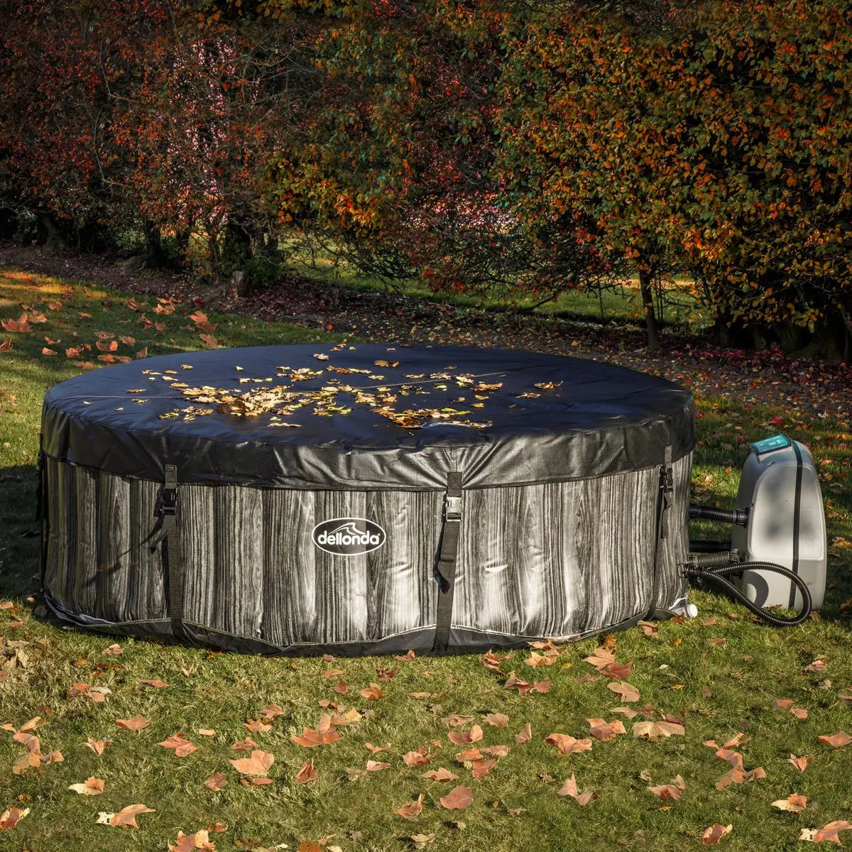 Dellonda 2-4 Person Inflatable Hot Tub Spa with Smart Pump - Wood Effect  White Rose Tools