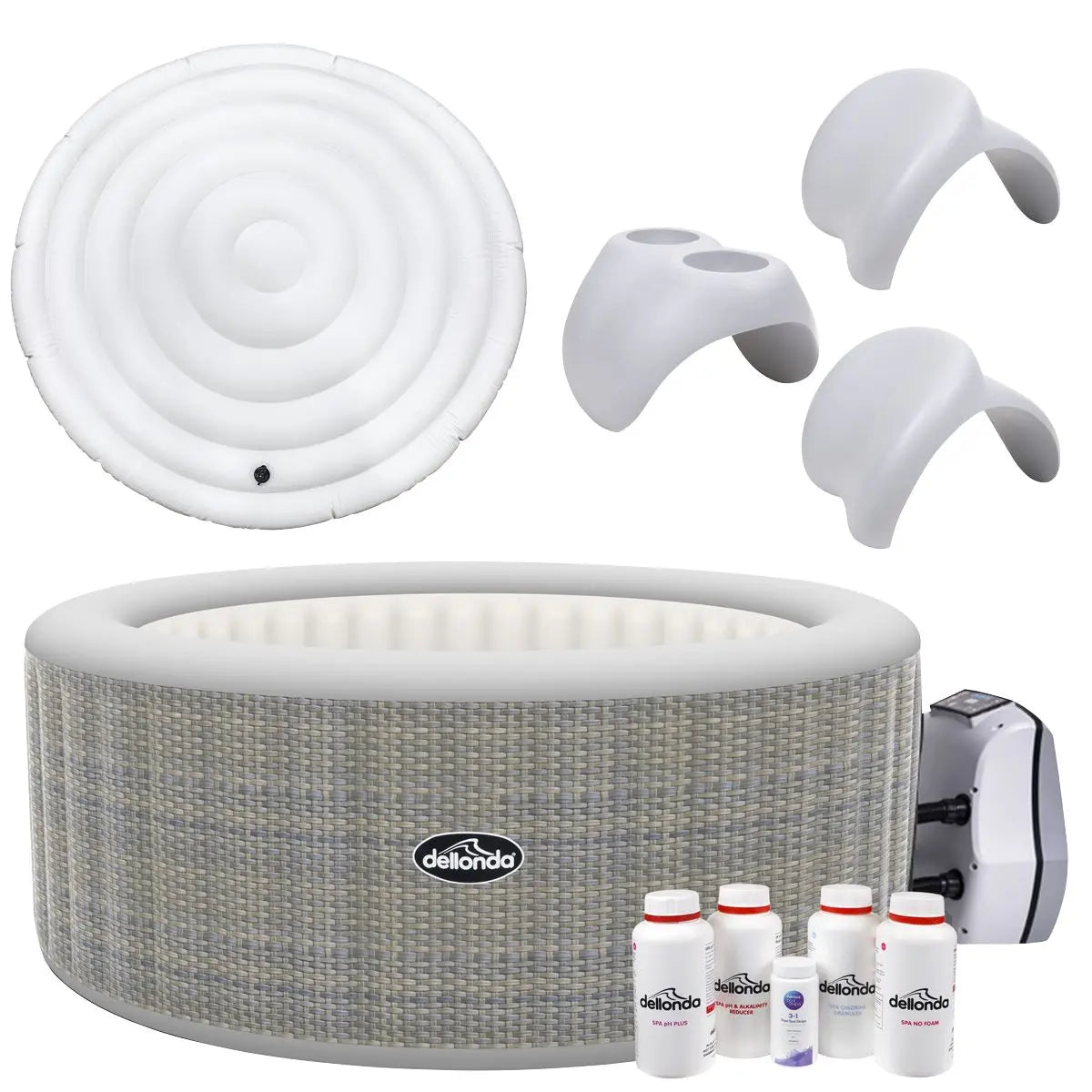 Dellonda 2-4 Person Inflatable Hot Tub/Spa with Smart Pump & Starter Kit - Rattan Effect White Rose Tools