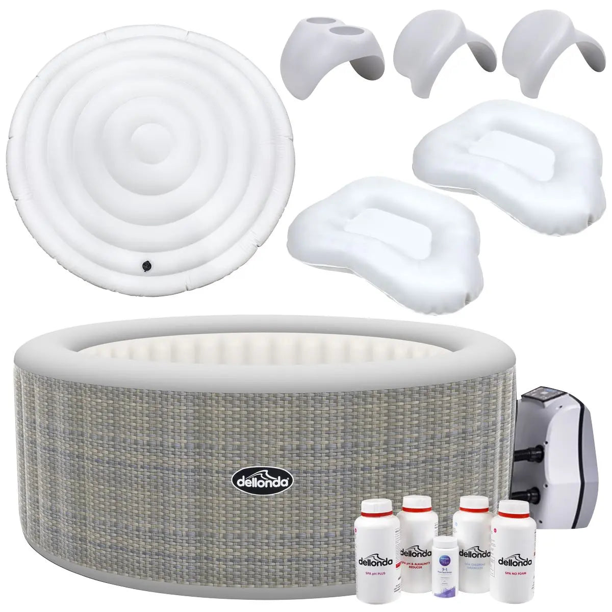 Dellonda 2-4 Person Inflatable Hot Tub/Spa with Smart Pump & Starter Kit - Rattan Effect White Rose Tools