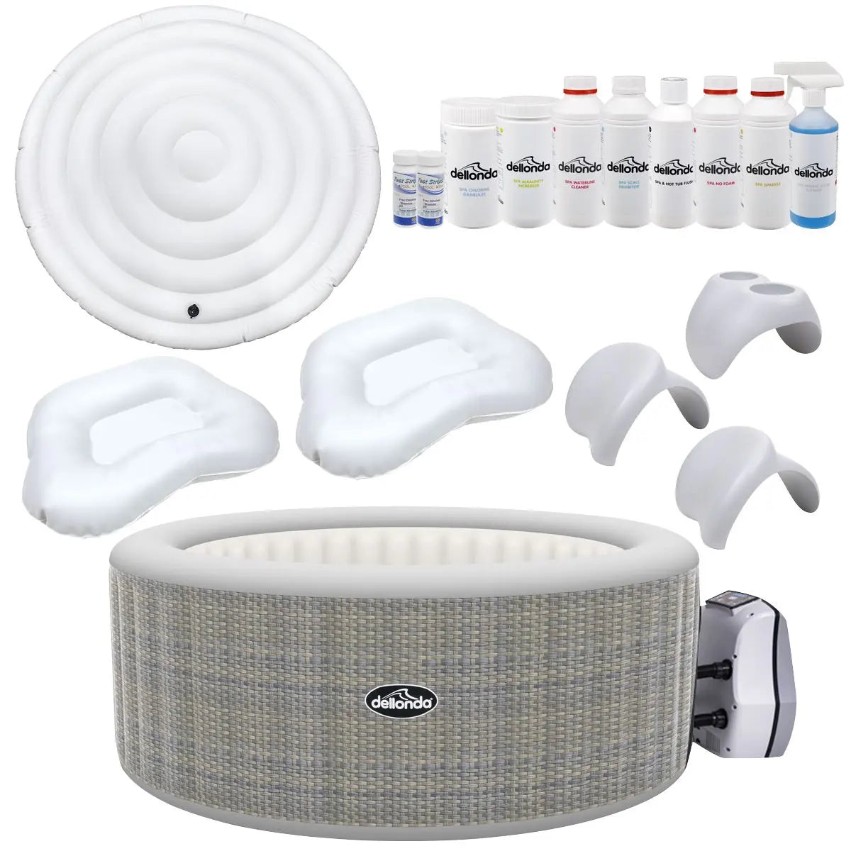 Dellonda 2-4 Person Inflatable Hot Tub Spa with Smart Pump and Master Accessory Kit - Rattan Effect White Rose Tools