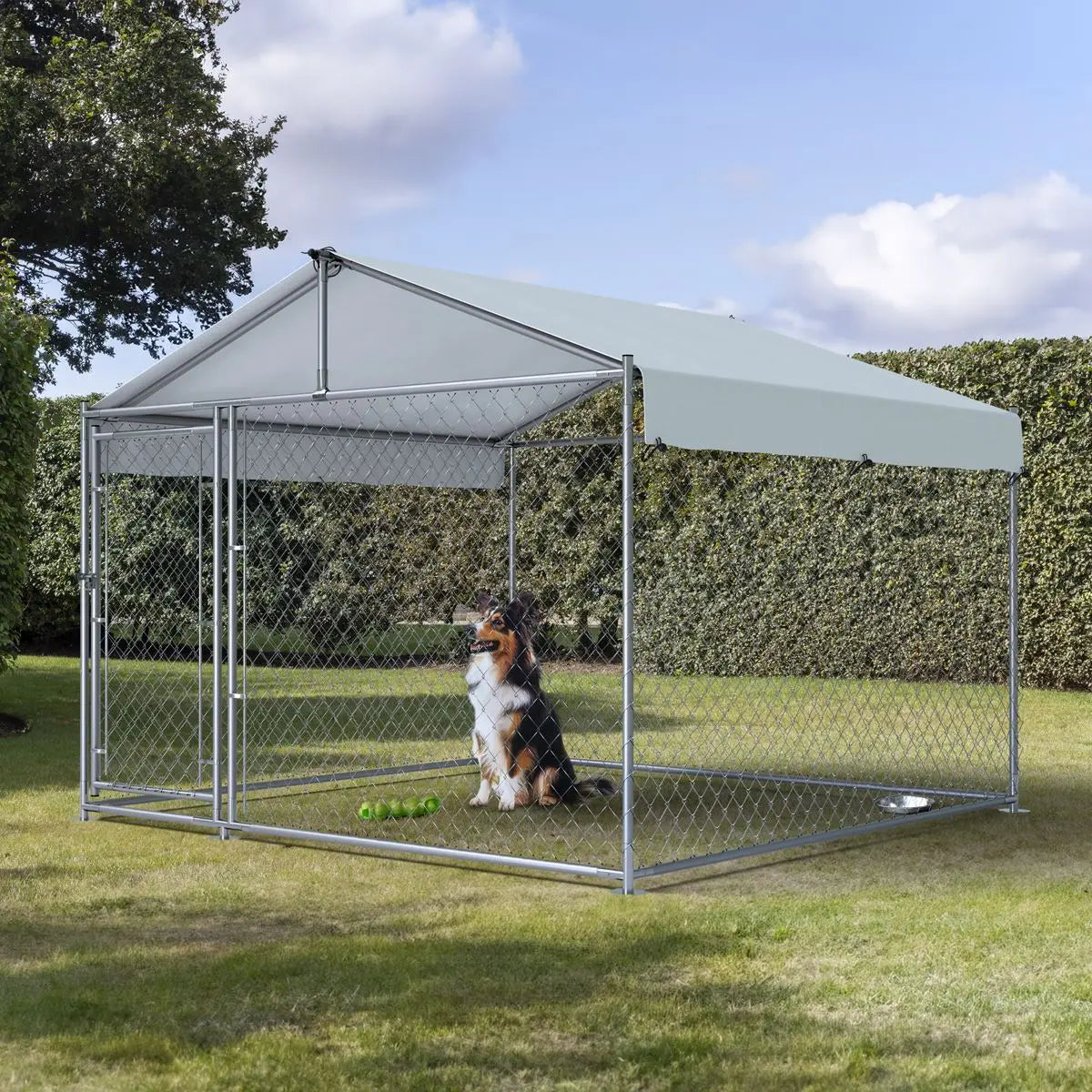 Dellonda 2 x2 x 1.5m Dog Kennel, Galvanised Steel, Roof Cover, Chain Link Fencing  White Rose Tools