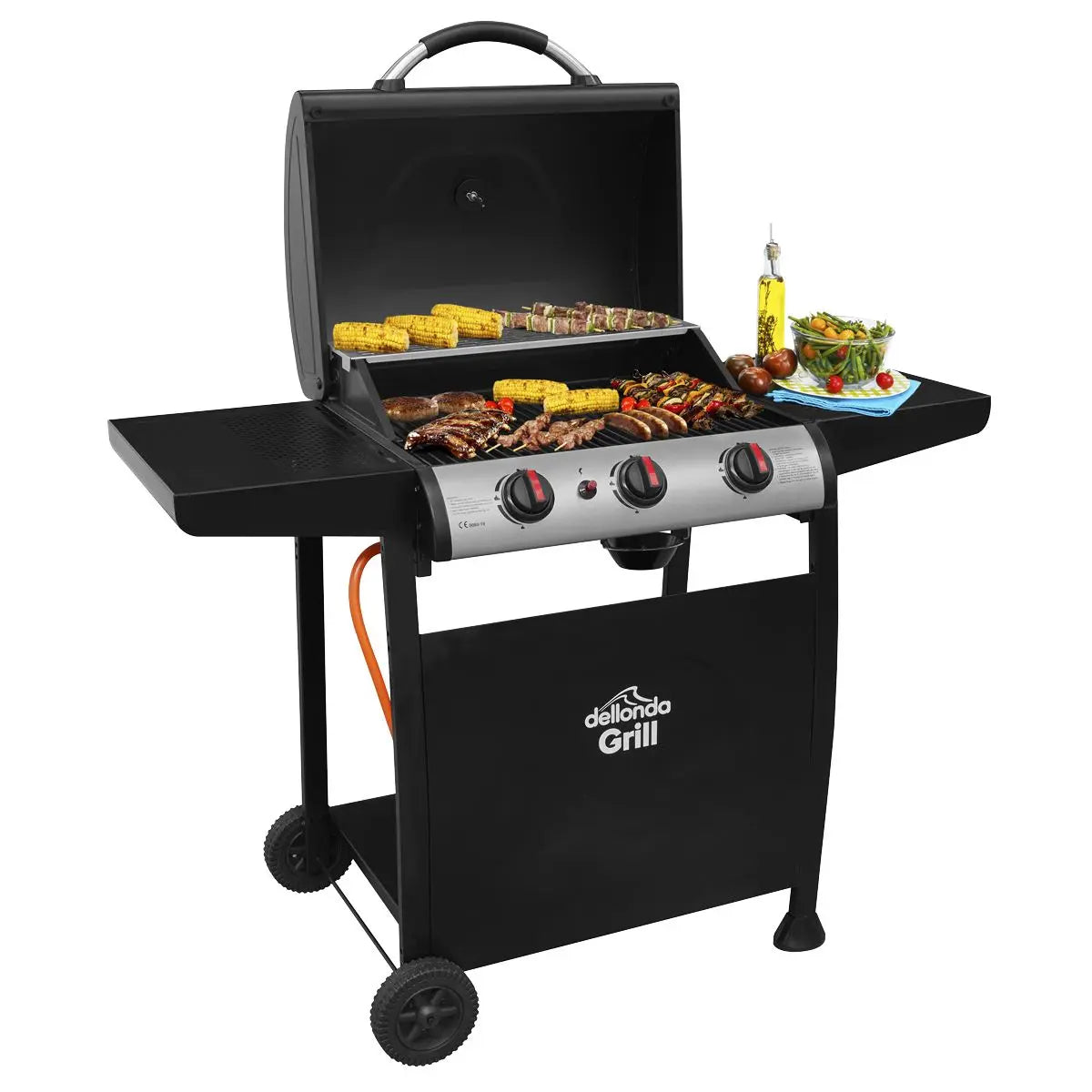 Dellonda 3 Burner Gas BBQ Grill, Ignition, Thermometer, Black/Stainless Steel  White Rose Tools