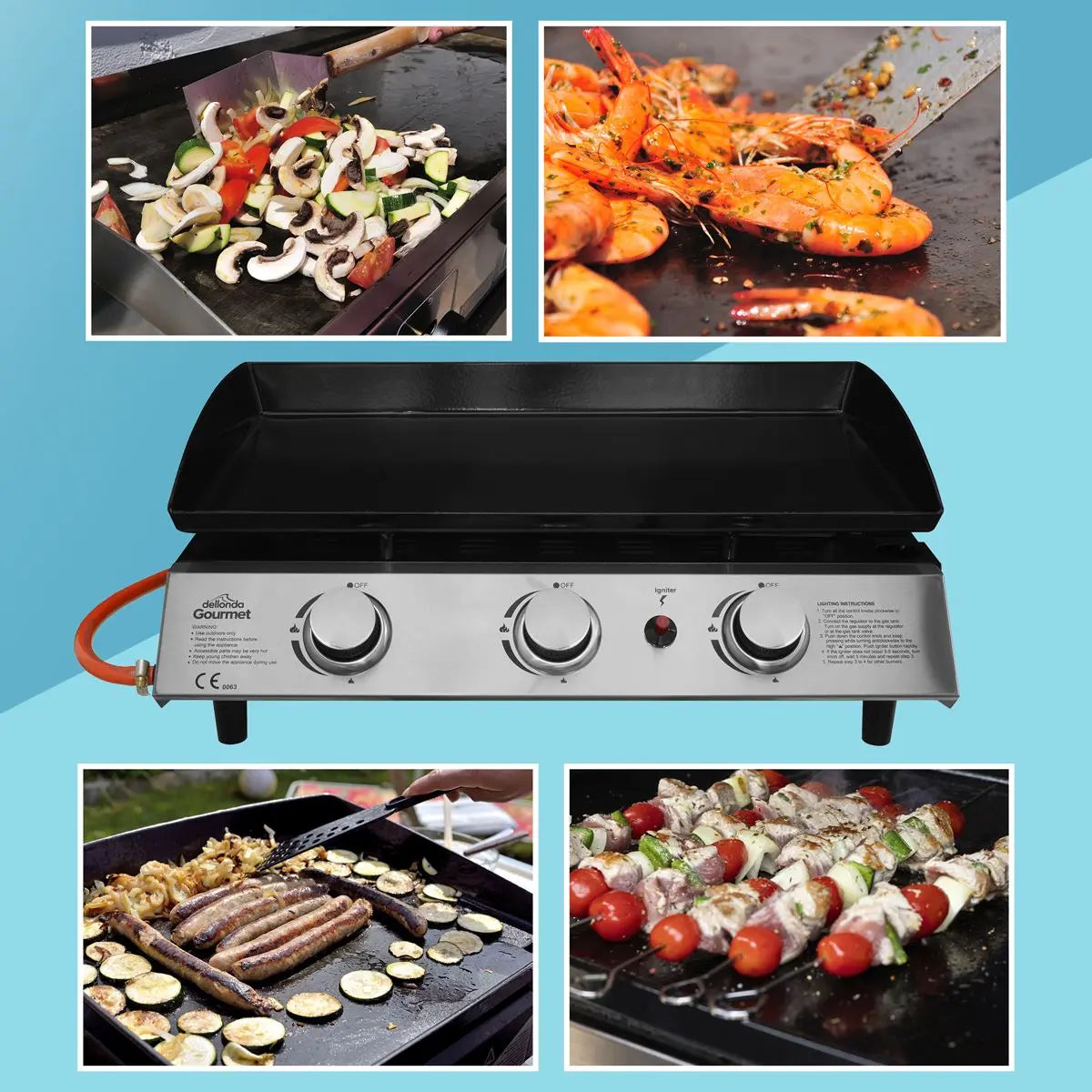 Dellonda 3 Burner Portable Gas Plancha 7.5kW BBQ Griddle, Stainless Steel  White Rose Tools