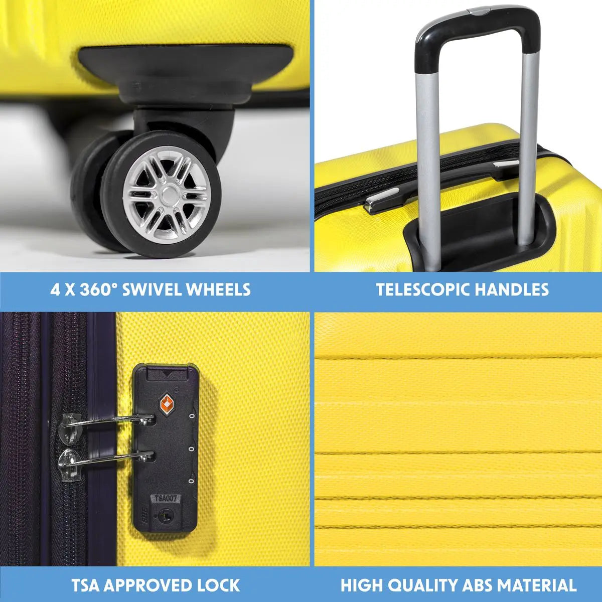 Dellonda 3-Piece ABS Luggage Set with Integrated TSA Approved Combination Lock - Yellow - DL124 White Rose Tools