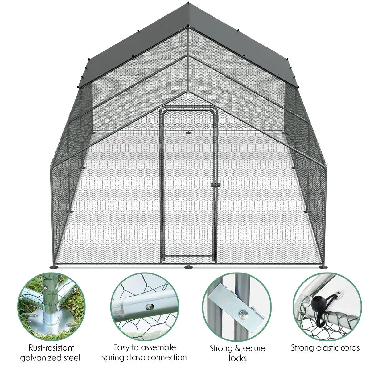 Dellonda 3 x 6 x 2m Walk-In Chicken Run, Galvanized Steel, Roof Cover, PVC Coated Chicken Wire  White Rose Tools