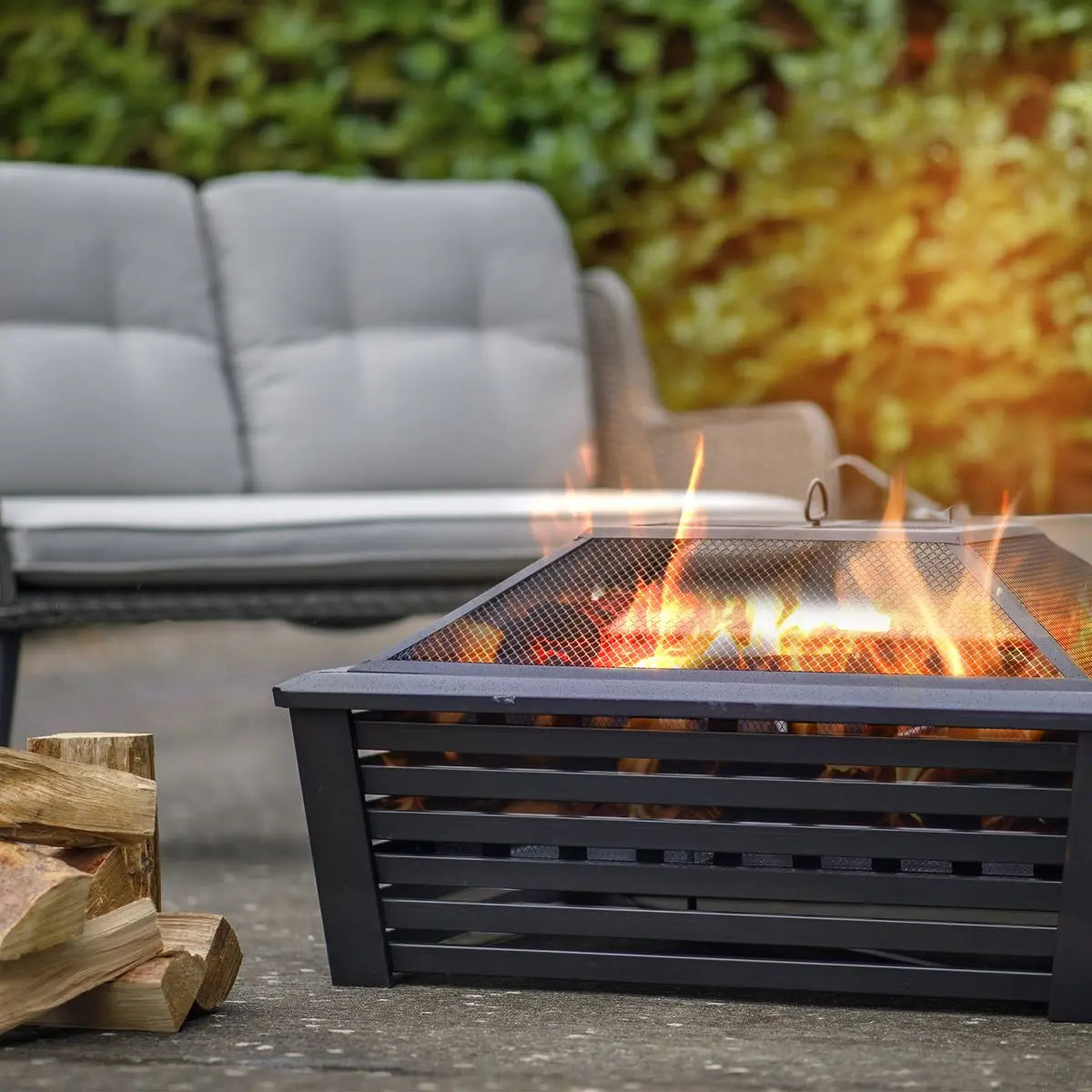 Dellonda 35" Square Outdoor Fire Pit, Black  White Rose Tools