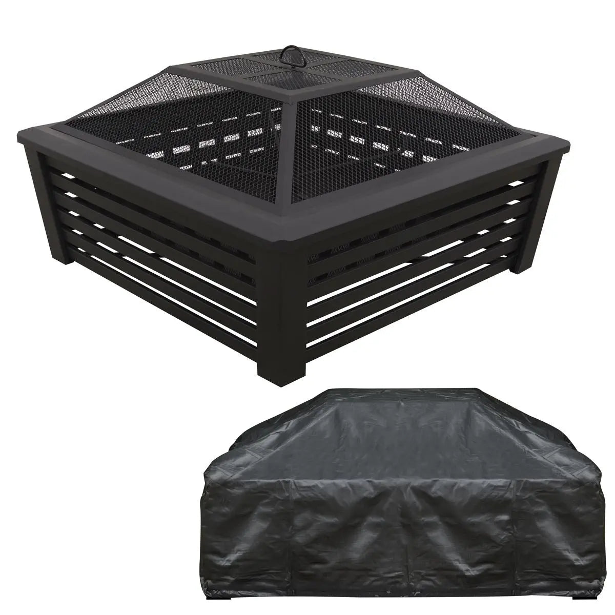 Dellonda 35" Square Outdoor Fire Pit, Mesh Screen Lid, Black with Water Resistant Drawstring Cover White Rose Tools