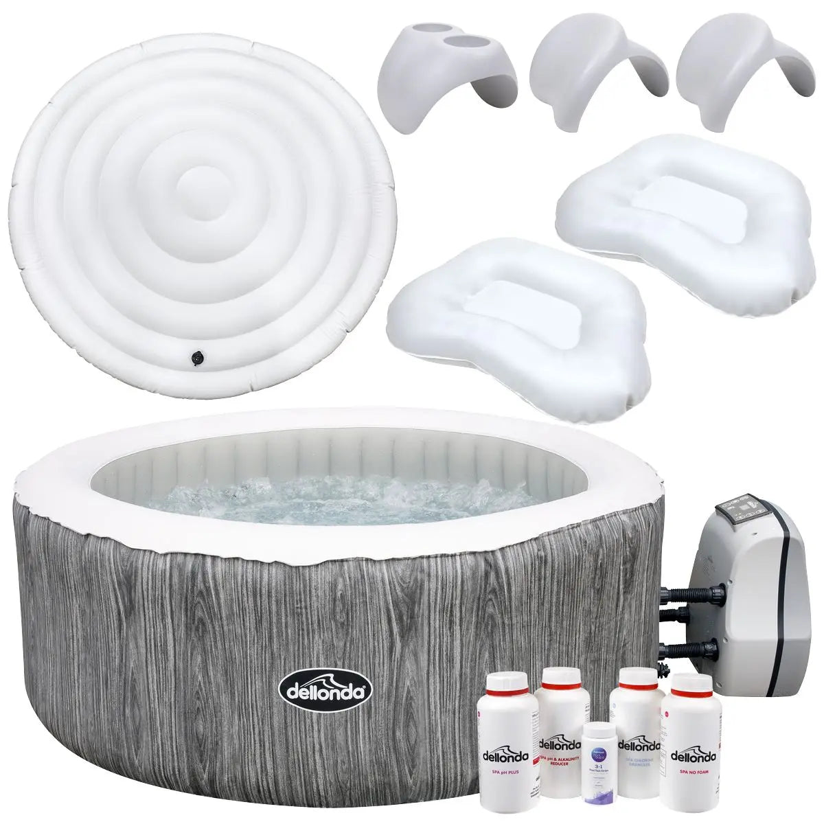 Dellonda 4-6 Person Inflatable Hot Tub Spa Starter Kit with Smart Pump - Wood Effect  White Rose Tools