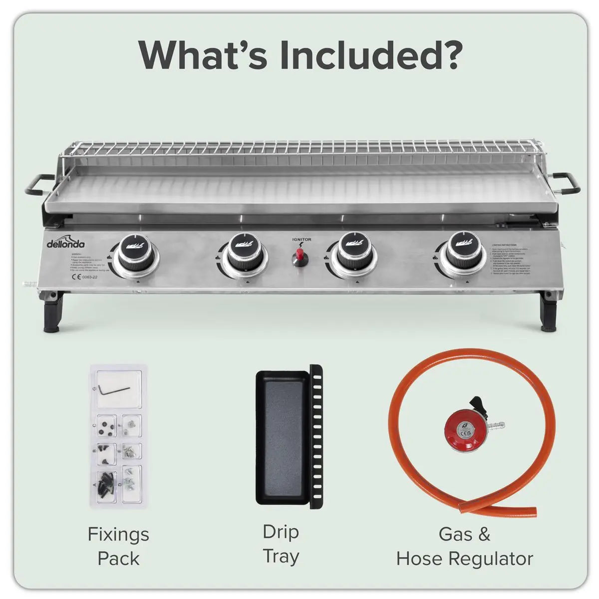 Dellonda 4 Burner Portable Gas Plancha with Warming Rack, 10kW BBQ Griddle, Stainless Steel  White Rose Tools