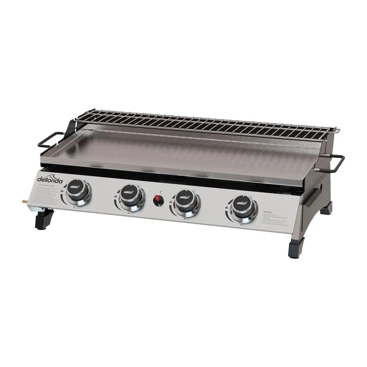Dellonda 4 Burner Portable Gas Plancha with Warming Rack, 10kW BBQ Griddle, Stainless Steel  White Rose Tools