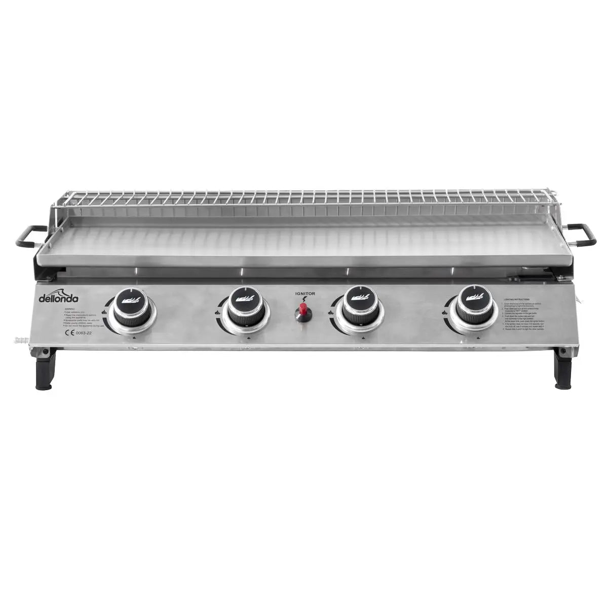 Dellonda 4 Burner Portable Gas Plancha with Warming Rack, 10kW BBQ Griddle, Stainless Steel  White Rose Tools
