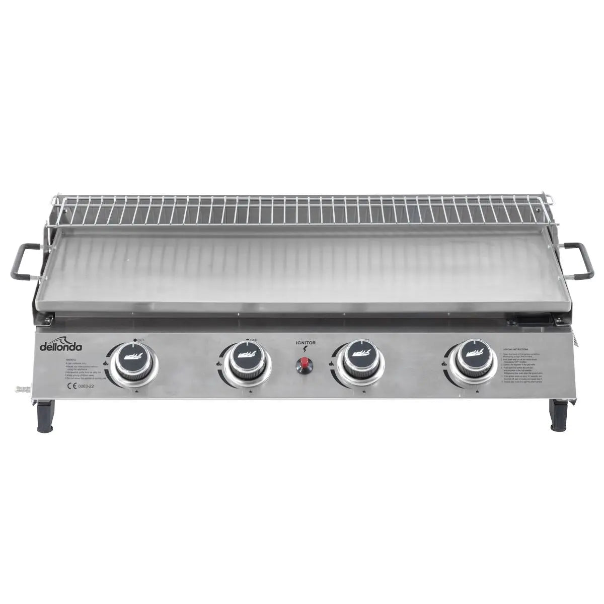 Dellonda 4 Burner Portable Gas Plancha with Warming Rack, 10kW BBQ Griddle, Stainless Steel  White Rose Tools