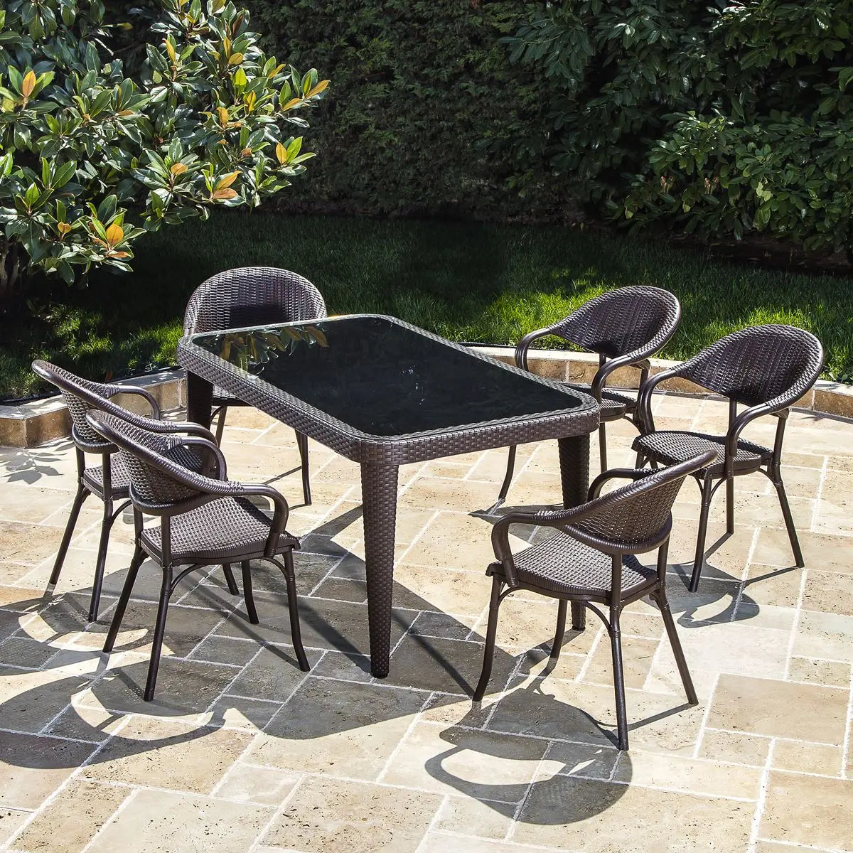 Dellonda 7-Piece Dining Set Weather-Resistant Polypropylene/Fibreglass,Tempered Glass Tabletop, Stackable Chairs - Wenge White Rose Tools