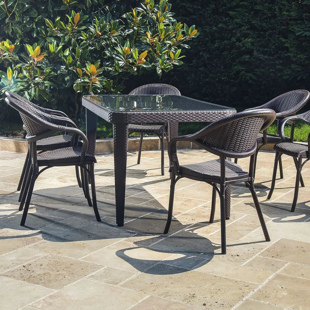 Dellonda 7-Piece Dining Set Weather-Resistant Polypropylene/Fibreglass,Tempered Glass Tabletop, Stackable Chairs - Wenge White Rose Tools