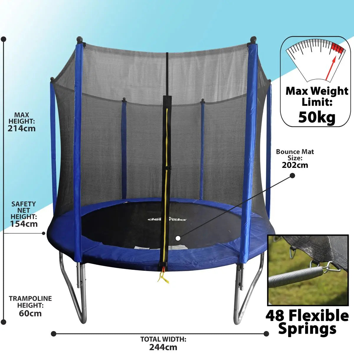 Dellonda 8ft Heavy-Duty Outdoor Trampoline with Safety Enclosure Net White Rose Tools