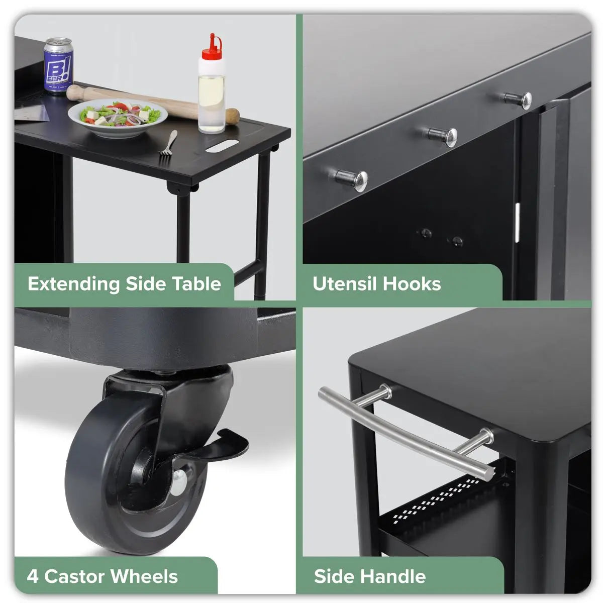 Dellonda BBQ/Plancha Workstation Trolley with Cupboard, Extension Table & Utensil Hooks, Black White Rose Tools