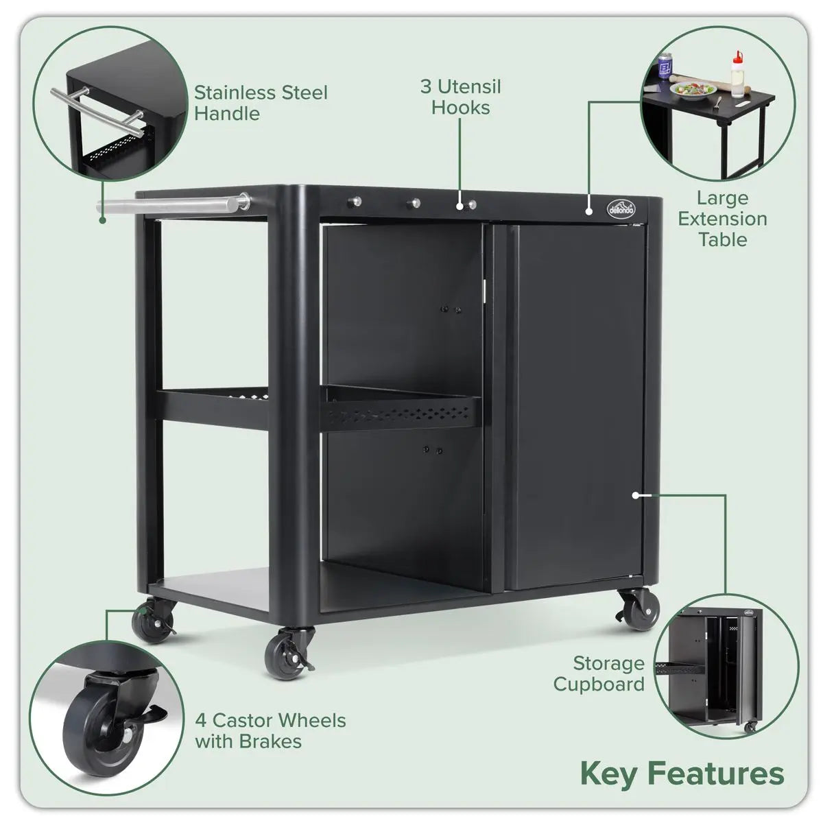 Dellonda BBQ/Plancha Workstation Trolley with Cupboard, Extension Table & Utensil Hooks, Black White Rose Tools