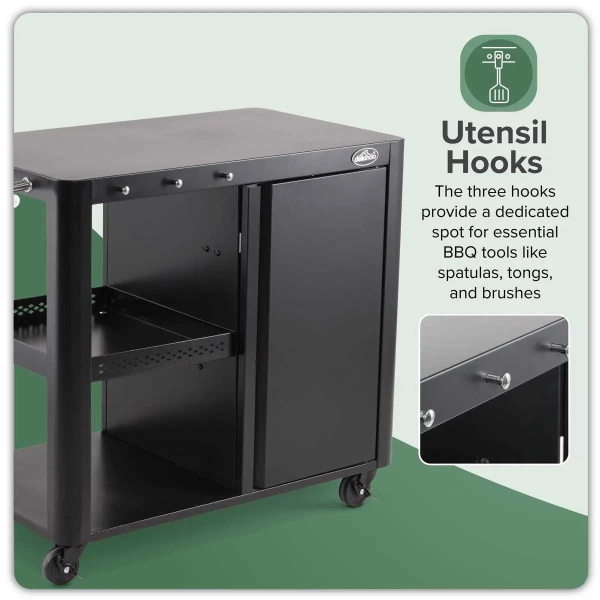 Dellonda BBQ/Plancha Workstation Trolley with Cupboard, Extension Table & Utensil Hooks, Black  White Rose Tools