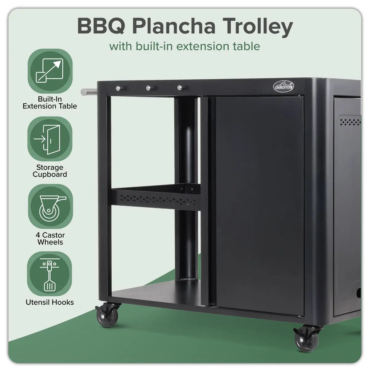 Dellonda BBQ/Plancha Workstation Trolley with Cupboard, Extension Table & Utensil Hooks, Black  White Rose Tools