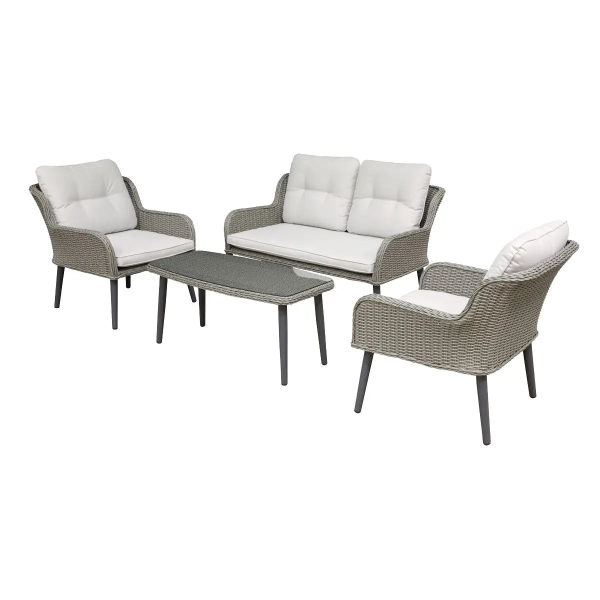 Dellonda Buxton 4 Piece Rattan Wicker Outdoor Lounge Set with Double Sofa, Grey White Rose Tools