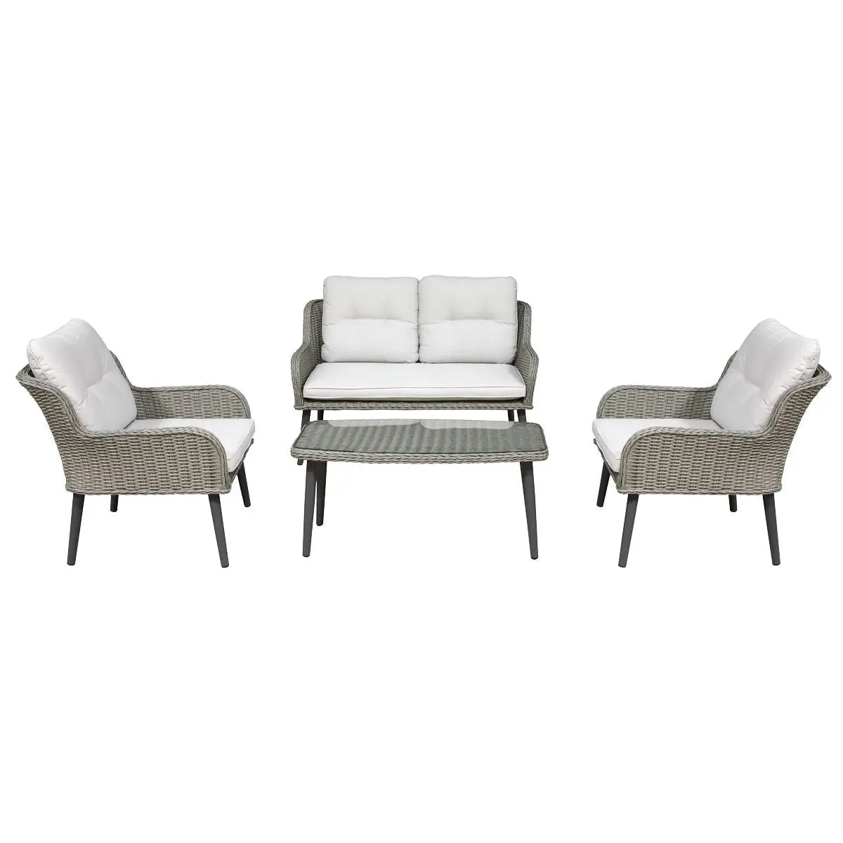Dellonda Buxton 4 Piece Rattan Wicker Outdoor Lounge Set with Double Sofa, Grey White Rose Tools
