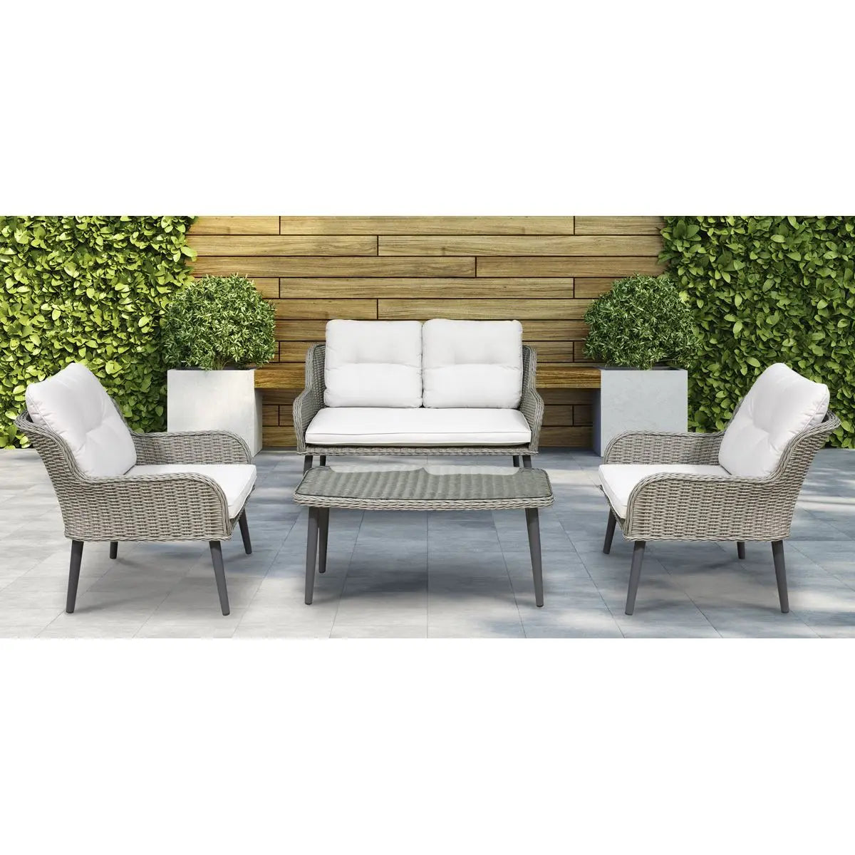 Dellonda Buxton 4 Piece Rattan Wicker Outdoor Lounge Set with Double Sofa, Grey White Rose Tools