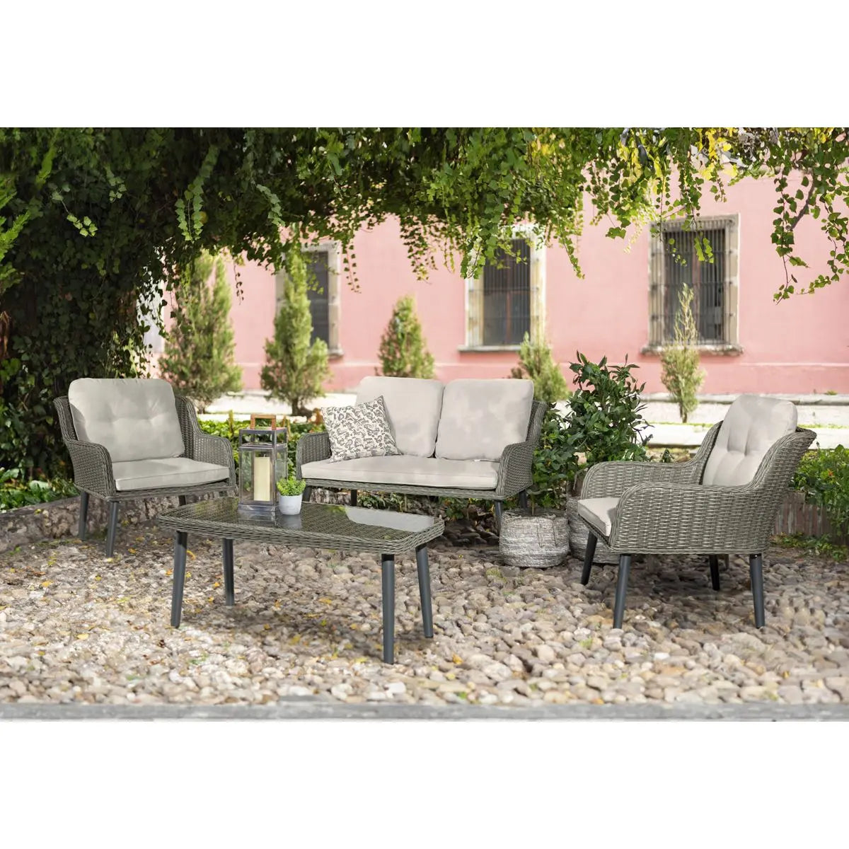Dellonda Buxton 4 Piece Rattan Wicker Outdoor Lounge Set with Double Sofa, Grey White Rose Tools