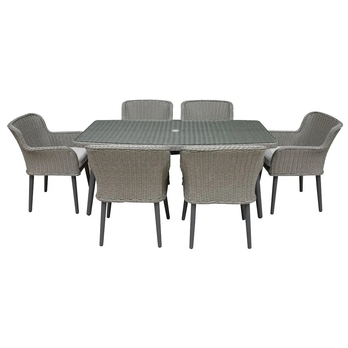 Dellonda Buxton 7 Piece Rattan Wicker Outdoor Dining Set with Tempered Glass Table Top, Grey White Rose Tools