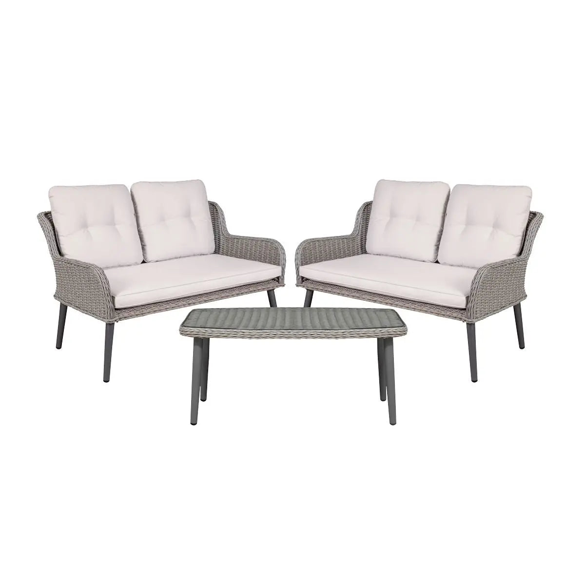 Dellonda Buxton Rattan Wicker 3 Piece Outdoor Balcony Coffee Table Set, Grey White Rose Tools