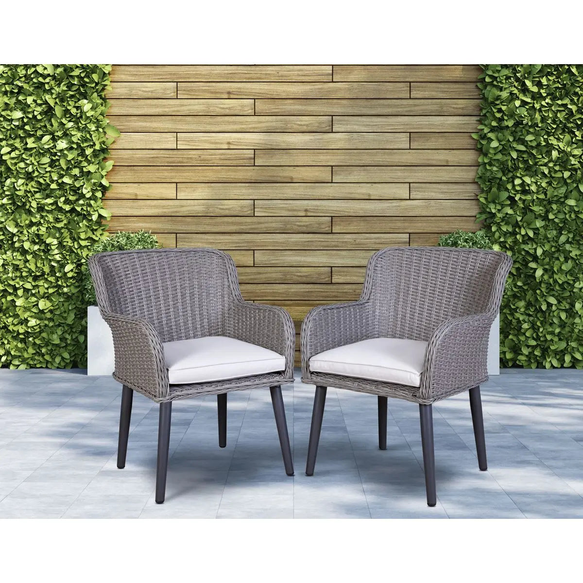 Dellonda Buxton Rattan Wicker Outdoor Dining Armchairs with Cushion, Set of 2, Grey White Rose Tools