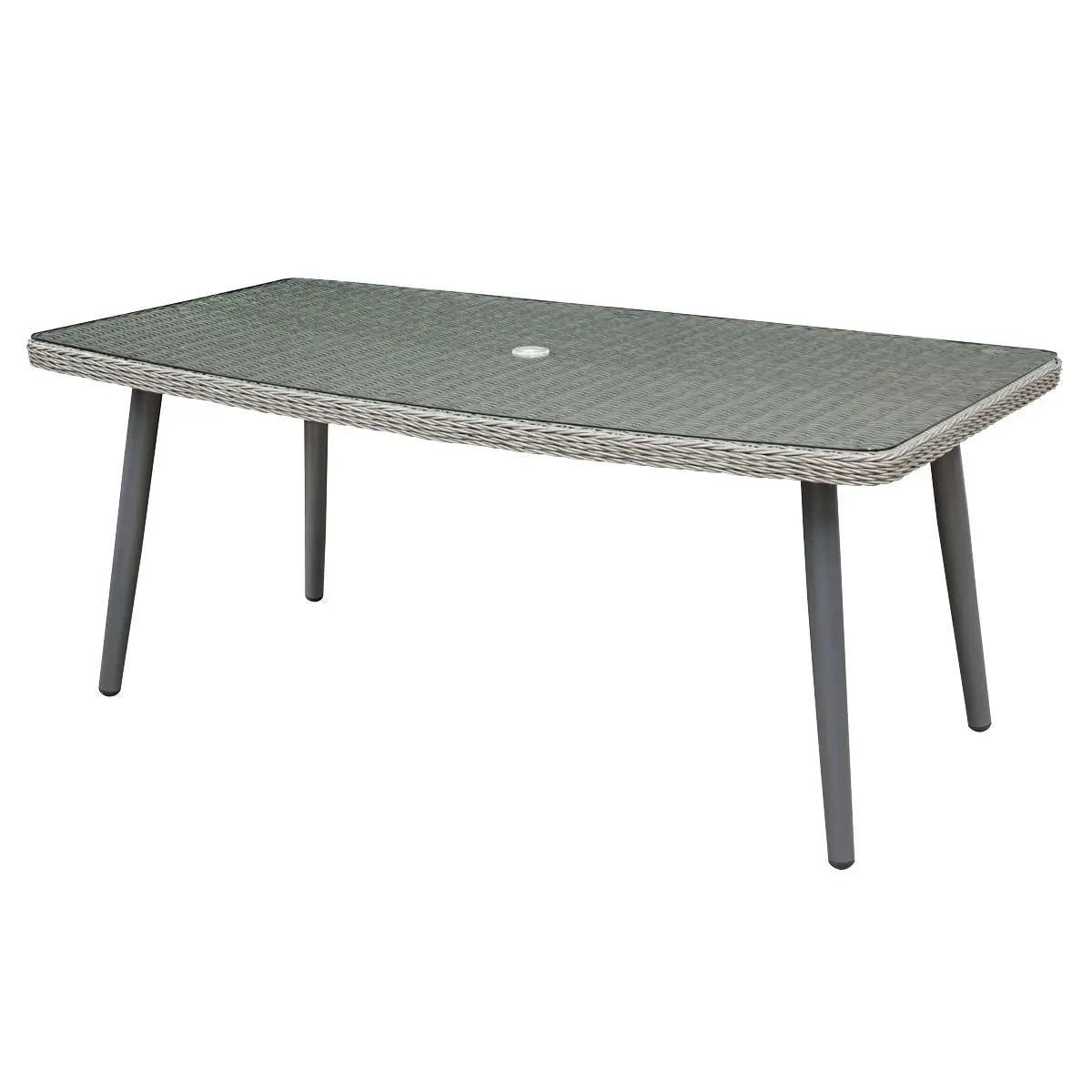 Dellonda Buxton Rattan Wicker Outdoor Dining Table with Clear Tempered Glass Top, Grey White Rose Tools